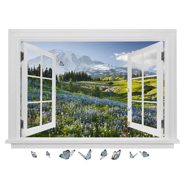 Trompe l'oeil adesivi murali - Finestra aperta su campo di fronte a Mt. Rainier