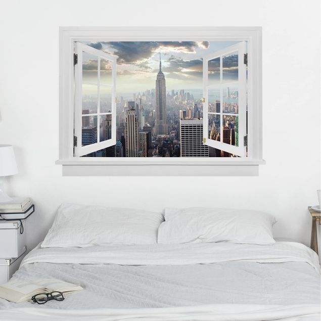 Trompe l'oeil adesivi murali - Finestra aperta su alba a New York