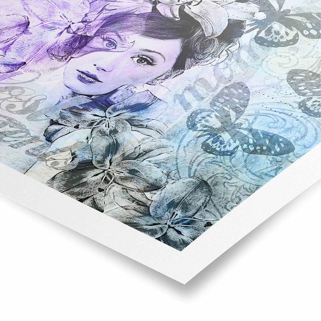 Poster - Shabby Chic Collage - Ritratto Con Le Farfalle - Quadrato 1:1