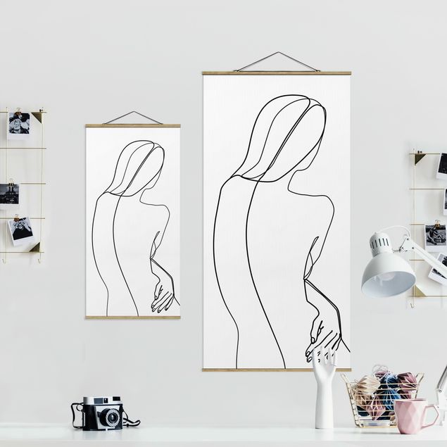 Quadro su tessuto con stecche per poster - Line Art indietro Donna Bianco e nero - Verticale 2:1