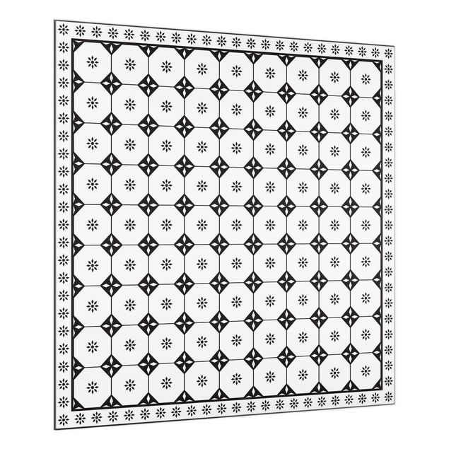 Paraschizzi in vetro - Piastrelle geometriche cottage bianco e nero con bordi - Quadrato 1:1
