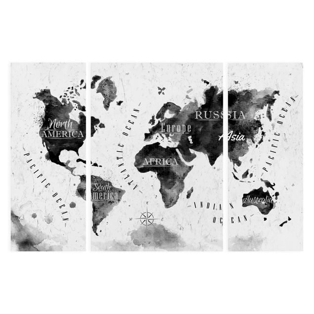 Stampa su tela 3 parti - World Map watercolor black - Trittico
