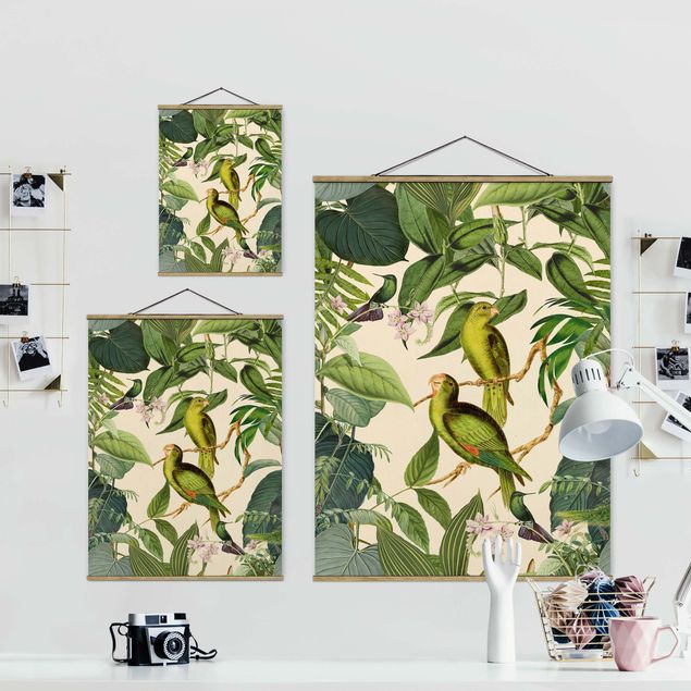 Foto su tessuto da parete con bastone - Vintage Collage - Pappagalli In The Jungle - Verticale 4:3