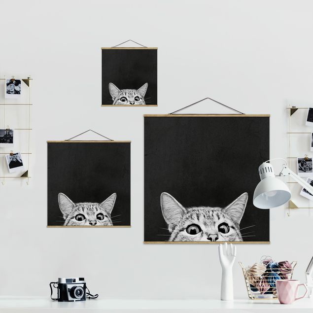 Quadro su tessuto con stecche per poster - Laura Graves - Illustrazione Gatto Bianco e nero Disegno - Quadrato 1:1