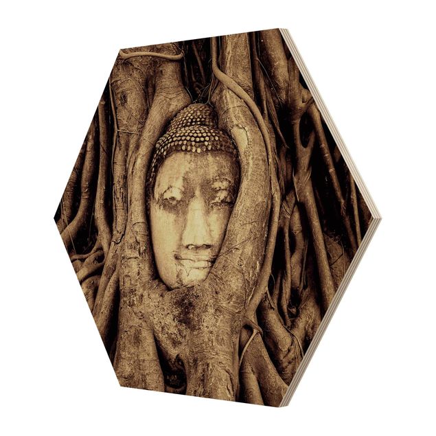 Esagono in legno - Buddha in Ayutthaya Da Radici foderato in Brown