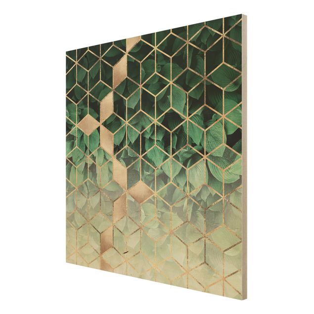 Stampa su legno - Verde Foglie d'oro Geometria - Quadrato 1:1
