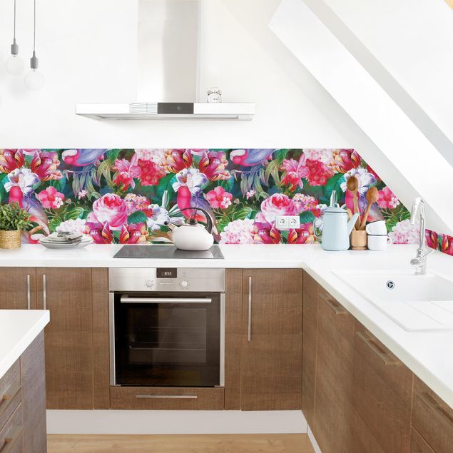Rivestimenti cucina adesivi Tropicali variopinti fiori con uccelli rosa