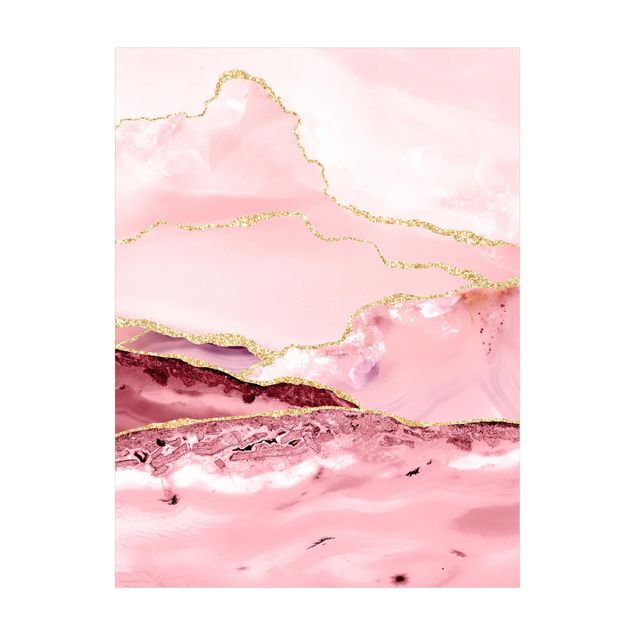 Tappeto moderno astratto Montagne rosa astratte con linee d'oro