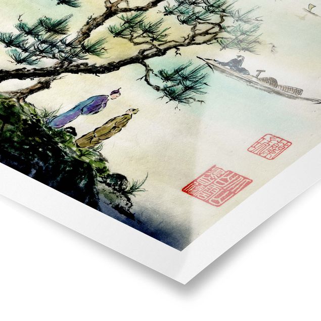 Poster - Giapponese disegno ad acquerello di pino e Mountain Village - Verticale 4:3