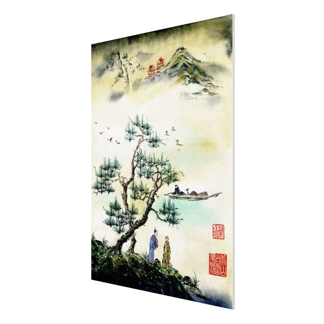 Stampa su Forex - Giapponese disegno ad acquerello di pino e Mountain Village - Verticale 4:3