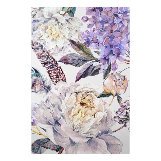 Stampa su alluminio - Trama di fiori delicati  e piume boho in acquerello