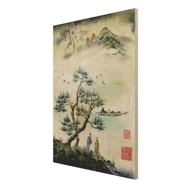 Stampa su legno - Giapponese disegno ad acquerello di pino e Mountain Village - Verticale 4:3