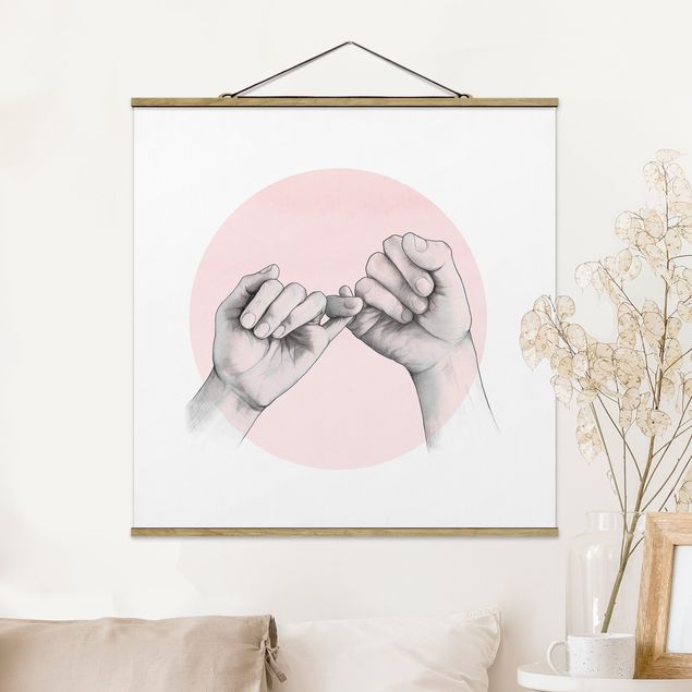 Quadro su tessuto con stecche per poster - Laura Graves - Illustrazione mani Amicizia Circle Rosa Bianco - Quadrato 1:1
