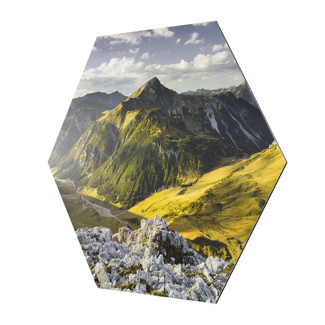 Esagono in Alluminio Dibond - Montagne e valle delle Alpi Lechtal in Tirolo