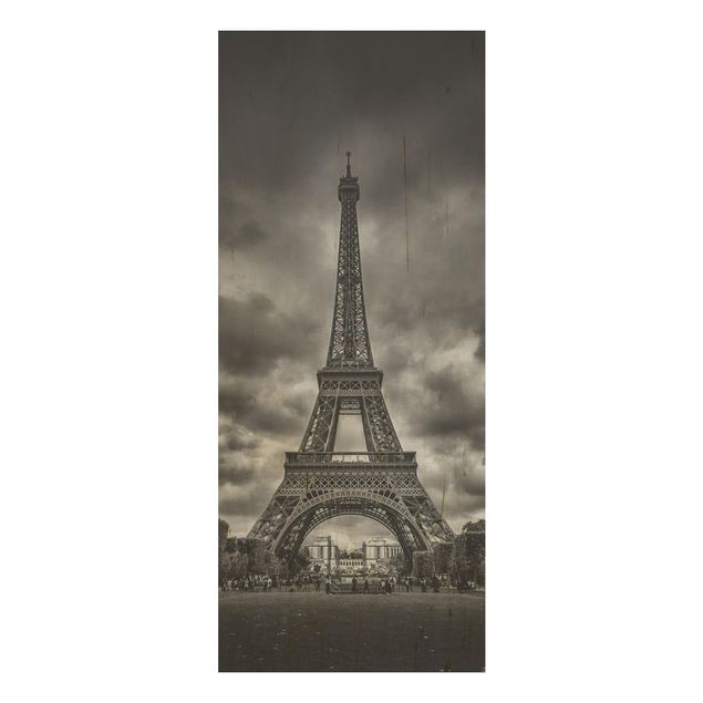 Quadro in legno - Torre Eiffel Davanti Nubi In Bianco e nero - Pannello