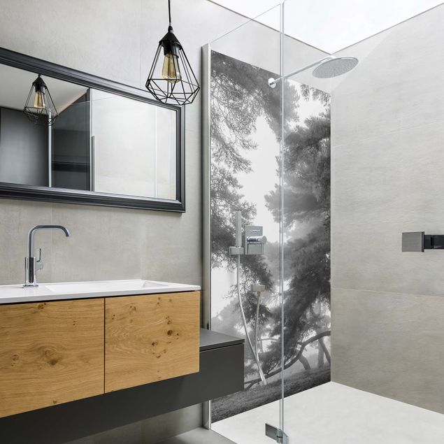 Rivestimenti per doccia alluminio dibond Maestosa foresta in bianco e nero