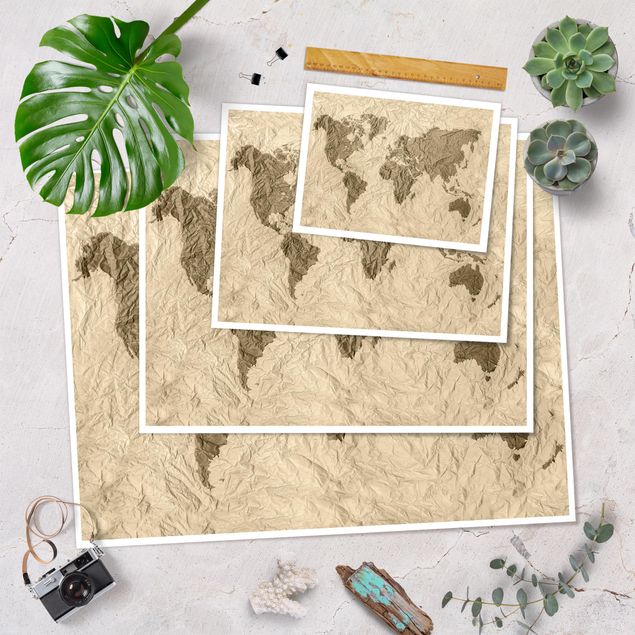 Poster - Paper World Map Beige Marrone - Orizzontale 3:4