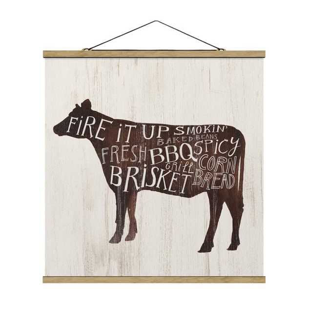 Quadro su tessuto con stecche per poster - Farm BBQ - Mucca - Quadrato 1:1