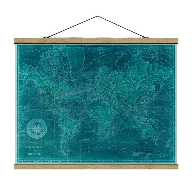 Foto su tessuto da parete con bastone - Vintage Mappa del mondo Azure - Orizzontale 3:4