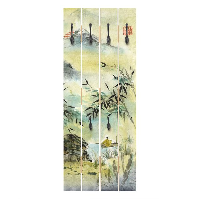 Appendiabiti in legno - Giapponese disegno ad acquerello Bamboo Forest - Ganci cromati - Verticale