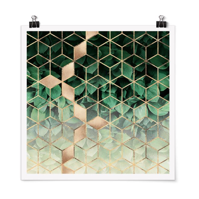 Poster - Verde Foglie d'oro Geometria - Quadrato 1:1
