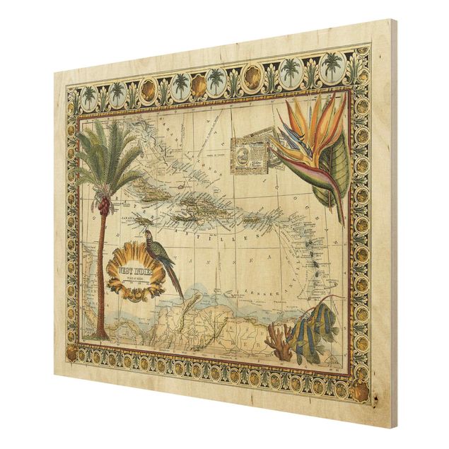 Stampa su legno - Vintage Tropical Mappa West India - Orizzontale 3:4