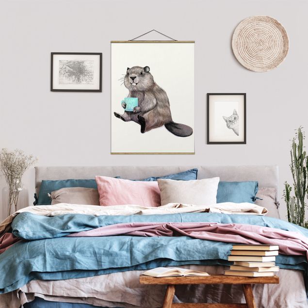 Foto su tessuto da parete con bastone - Laura Graves - Illustrazione Beaver con tazza di caffè - Verticale 4:3