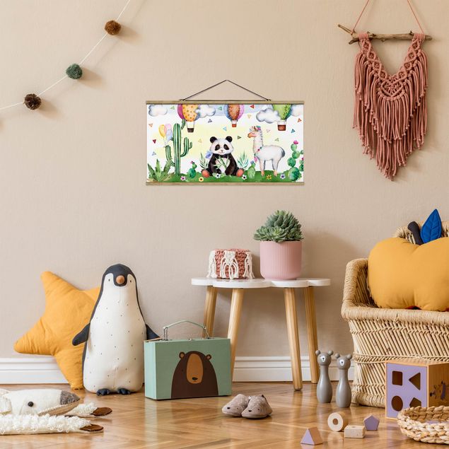 Foto su tessuto da parete con bastone - Panda e acquerello di Lama - Orizzontale 1:2