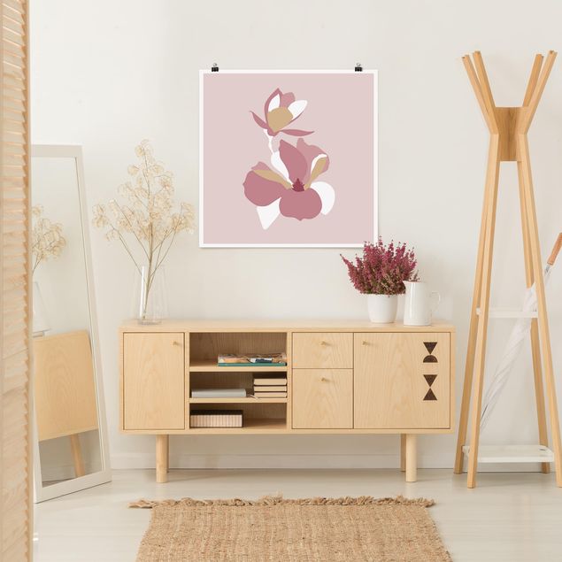 Poster - Line Art Fiori rosa pastello - Quadrato 1:1
