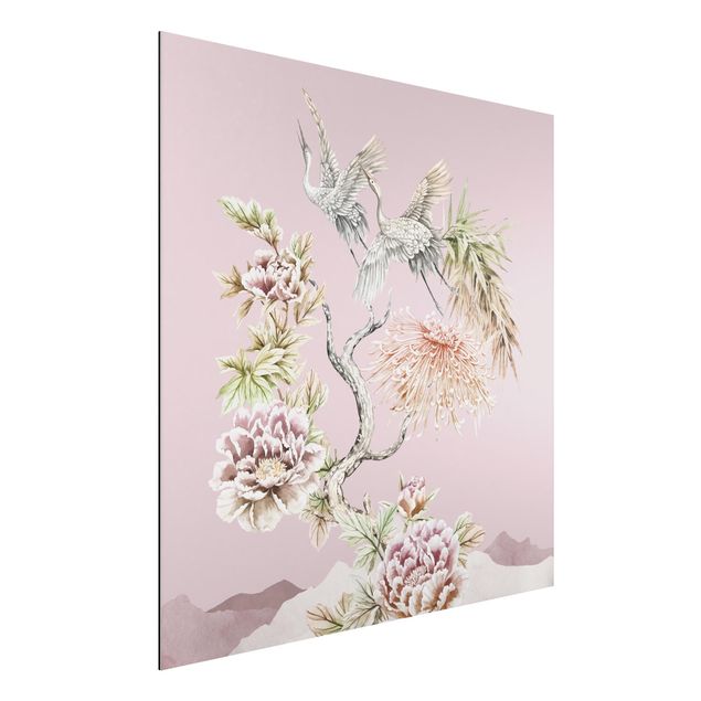 stampe animali Acquerello Cicogne in volo con fiori su rosa