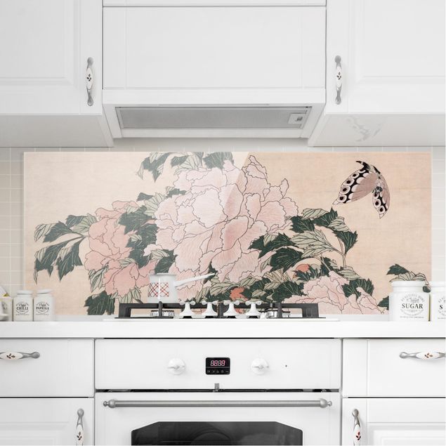 paraschizzi vetro magnetico Katsushika Hokusai - Peonie rosa con farfalla