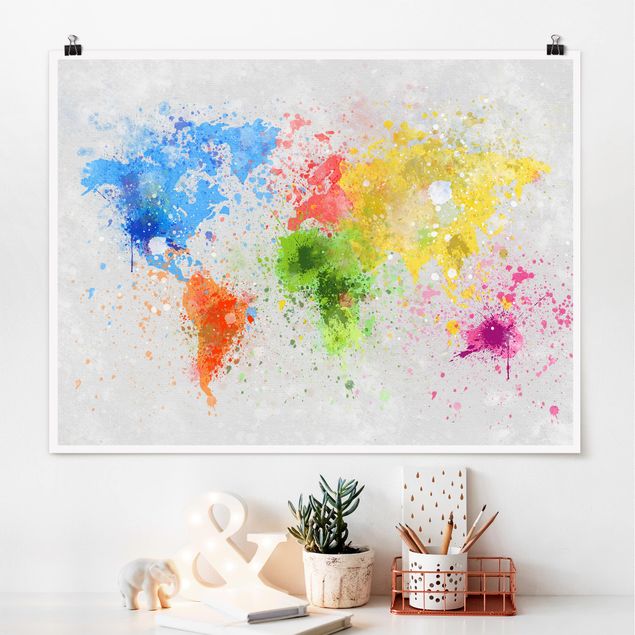 Poster acquerello Mappa del mondo a schizzi colorati