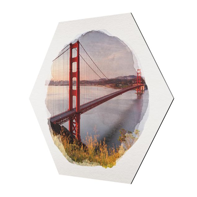 Esagono in Alluminio Dibond - Acquerelli - Golden Gate Bridge di San Francisco