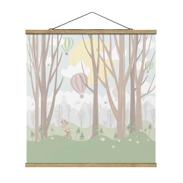 Quadro su tessuto con stecche per poster - Sun con alberi e Mongolfiere - Quadrato 1:1