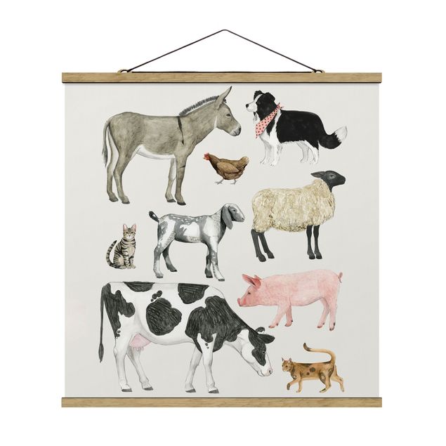 Quadro su tessuto con stecche per poster - La fattoria degli animali II Famiglia - Quadrato 1:1