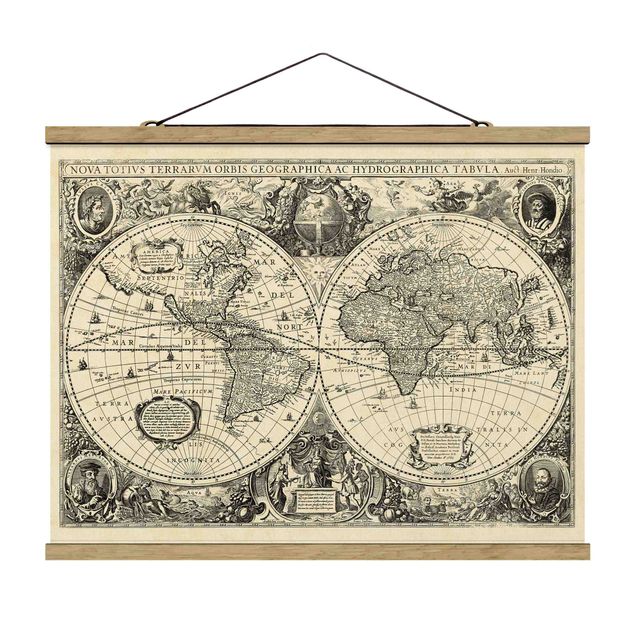 Foto su tessuto da parete con bastone - Illustrazione Vintage Mappa del mondo antico - Orizzontale 3:4