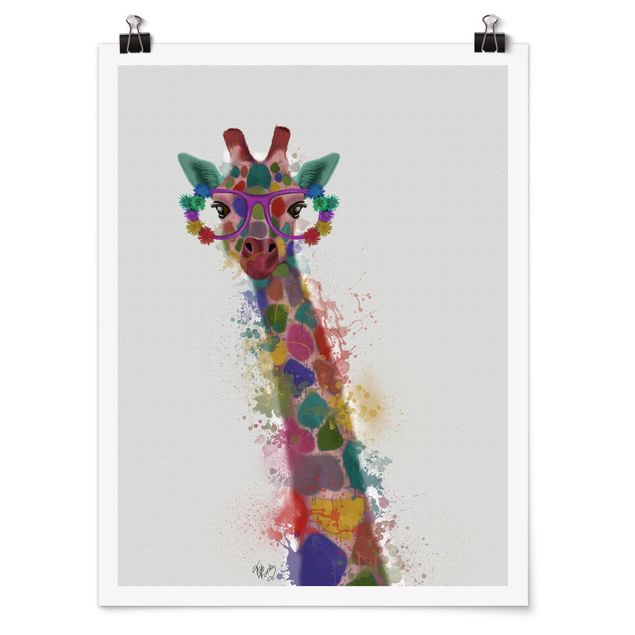 Poster acquerello Giraffa con schizzi arcobaleno