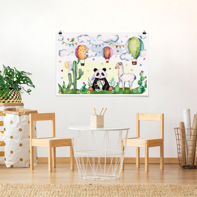 Poster cameretta bambini animali Panda e lama acquerello