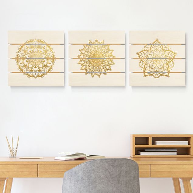 Quadro in legno effetto pallet - Mandala Fiore Sun illustrazione imposta gold - Quadrato 1:1