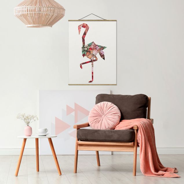 Foto su tessuto da parete con bastone - origami Flamingo - Verticale 4:3