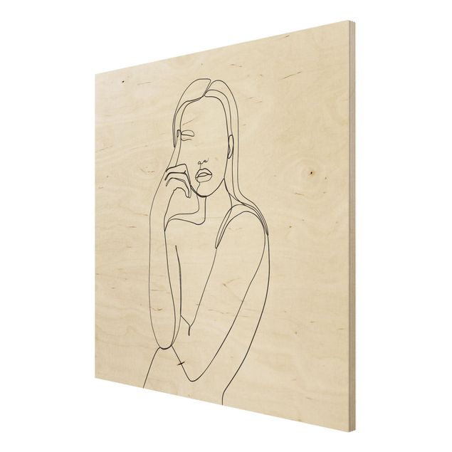 Stampa su legno - Line Art Pensieroso donna Bianco e nero - Quadrato 1:1