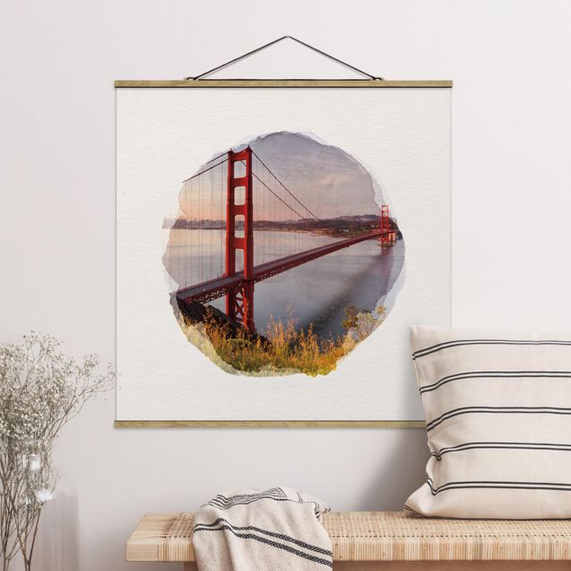 Quadro su tessuto con stecche per poster - Acquerelli - Golden Gate Bridge di San Francisco - Quadrato 1:1