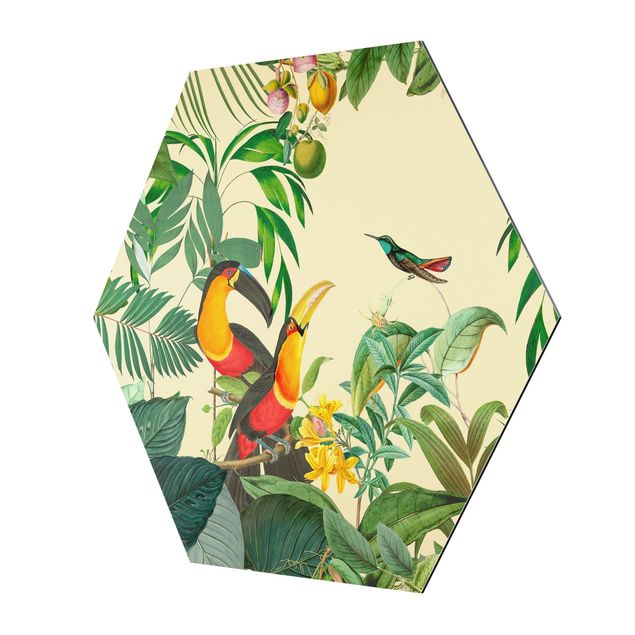 Esagono in Alluminio Dibond - Vintage Collage - Birds In The Jungle