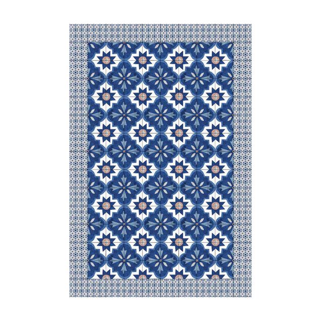 Tappeto blu soggiorno Piastrelle marocchine acquerello blu con cornice di piastrelle