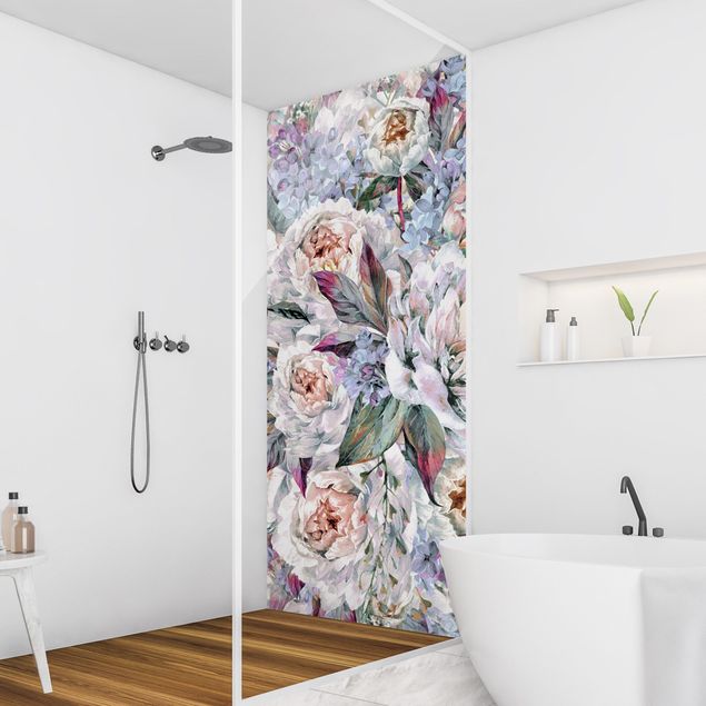 Rivestimenti per doccia alluminio dibond Bouquet di peonie lilla ad acquerello