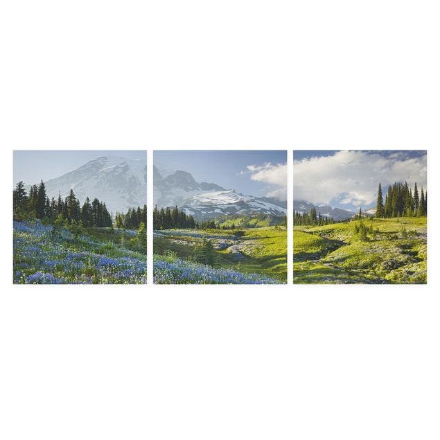 Quadri su tela Prato di montagna con fiori blu davanti al monte Rainier