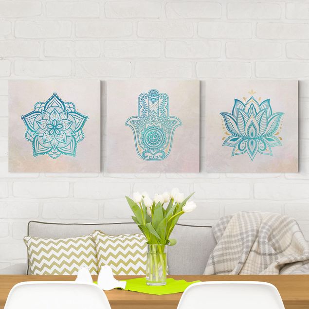 Quadri con disegni Mandala Hamsa mano e loto - Set Oro Blu
