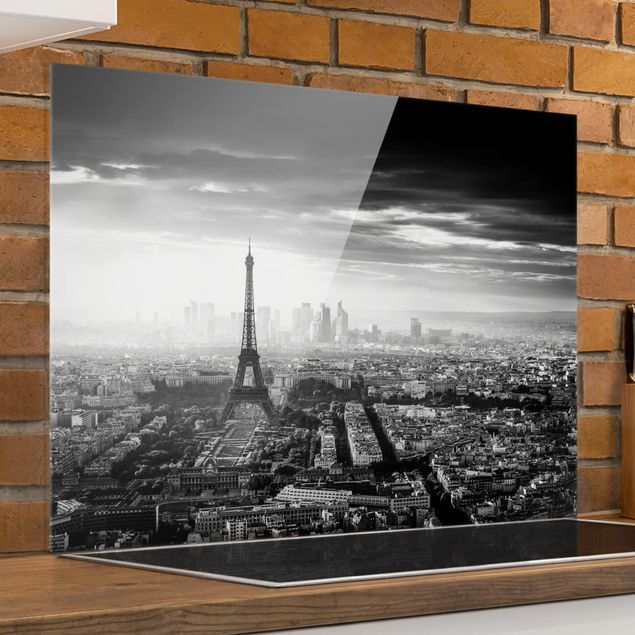 paraschizzi cucina vetro magnetico La Torre Eiffel dall'alto in bianco e nero