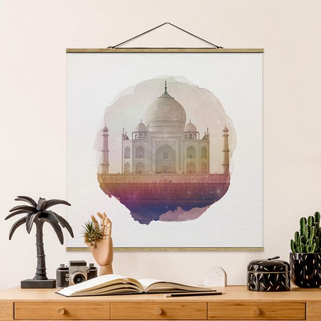 Quadro su tessuto con stecche per poster - Acquarelli - Taj Mahal - Quadrato 1:1