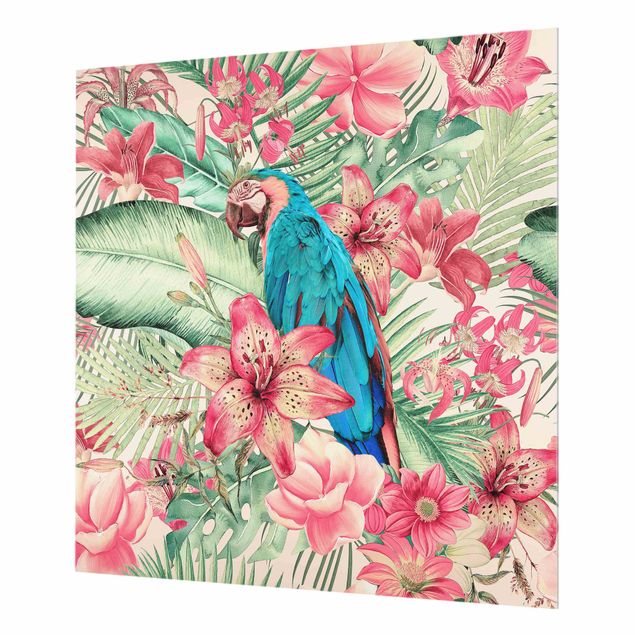 Paraschizzi in vetro - Paradiso floreale con pappagallo tropicale - Quadrato 1:1
